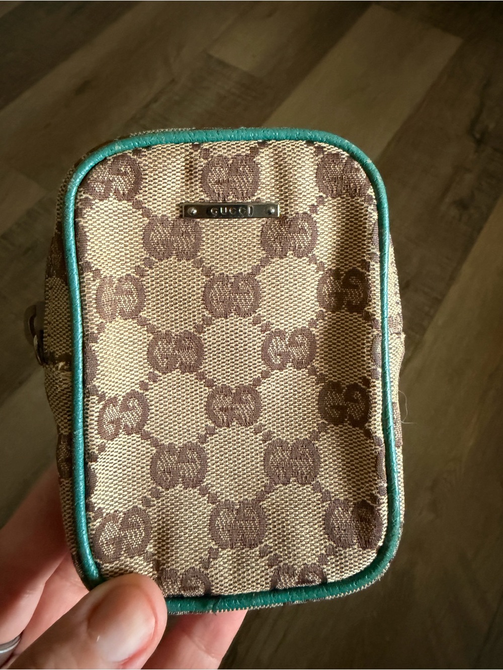 Vintage Gucci GG Monogram Canvas Turquoise Trim Mini Cosmetic Pouch